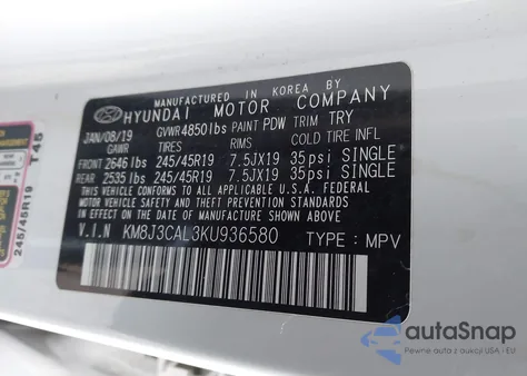 2019 Hyundai Tucson Night z USA, uszkodzony, nr VIN KM8J3CAL3KU936580